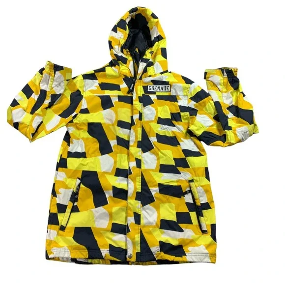 Grenade Snowboard Jacket Mens M Yellow Camo Hooded Insulated Parka Full Zip Snap - Picture 15 of 15
